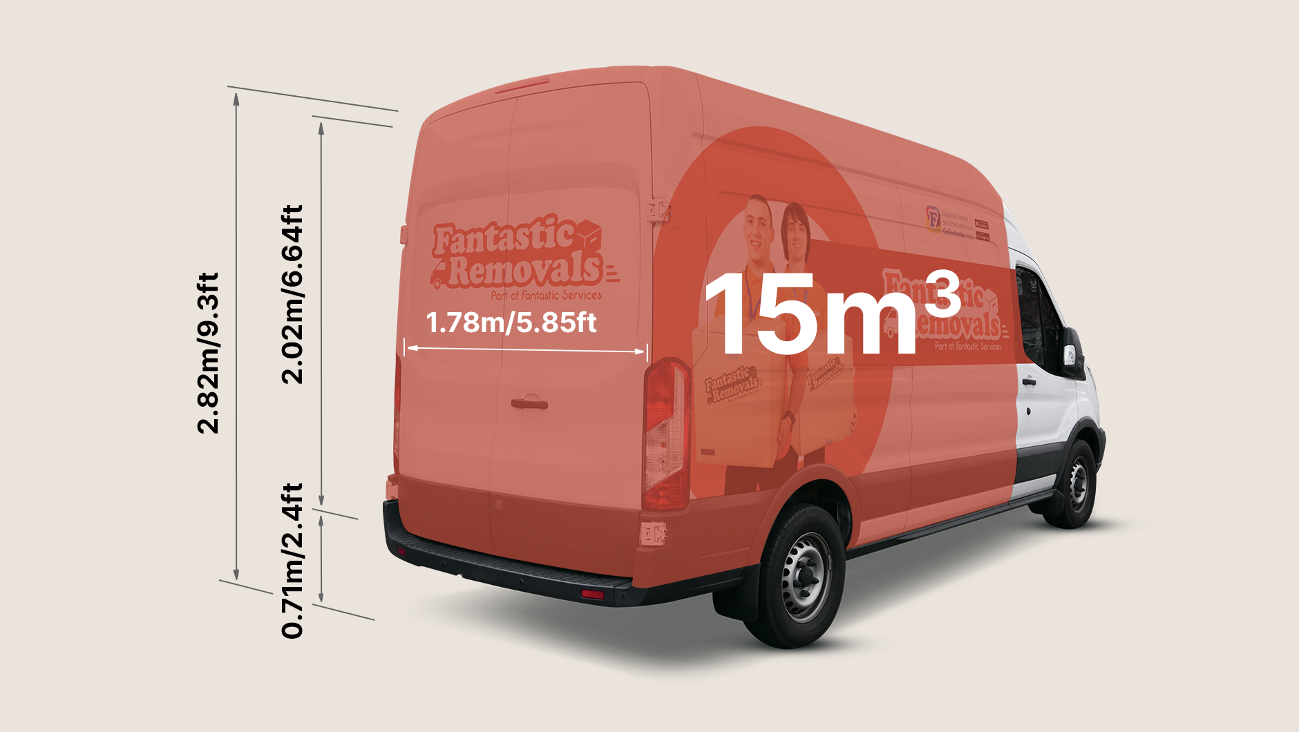 A moving truck with dimensions marked, showing a volume of 15m³.