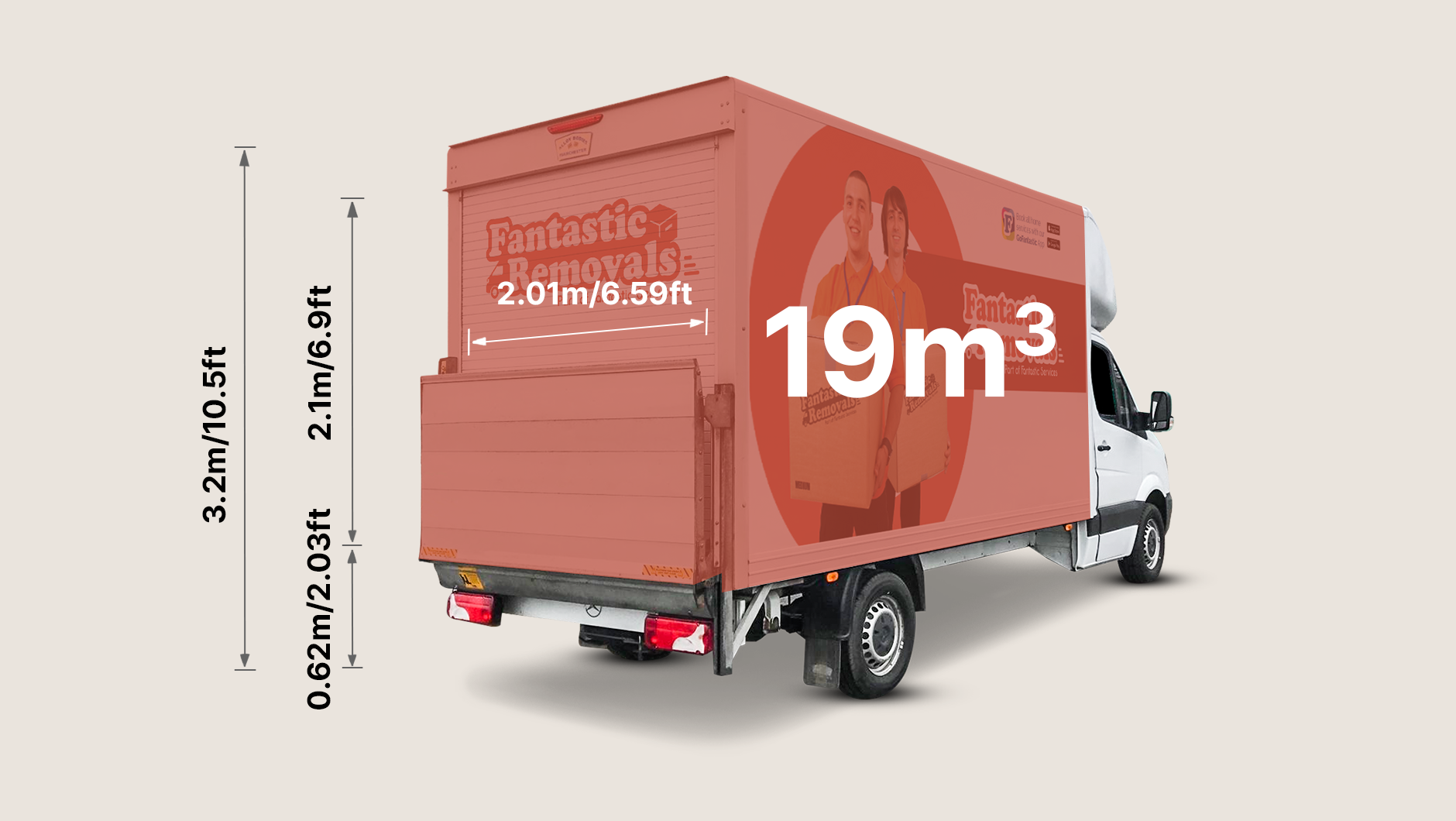 A moving truck with dimensions marked, showing a volume of 19m³.