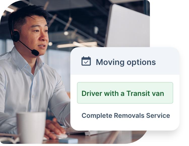 A collage featuring two images: one of a call centre agent wearing a headset at a desk with a computer, and the other showing a moving options dialogue with listed services.