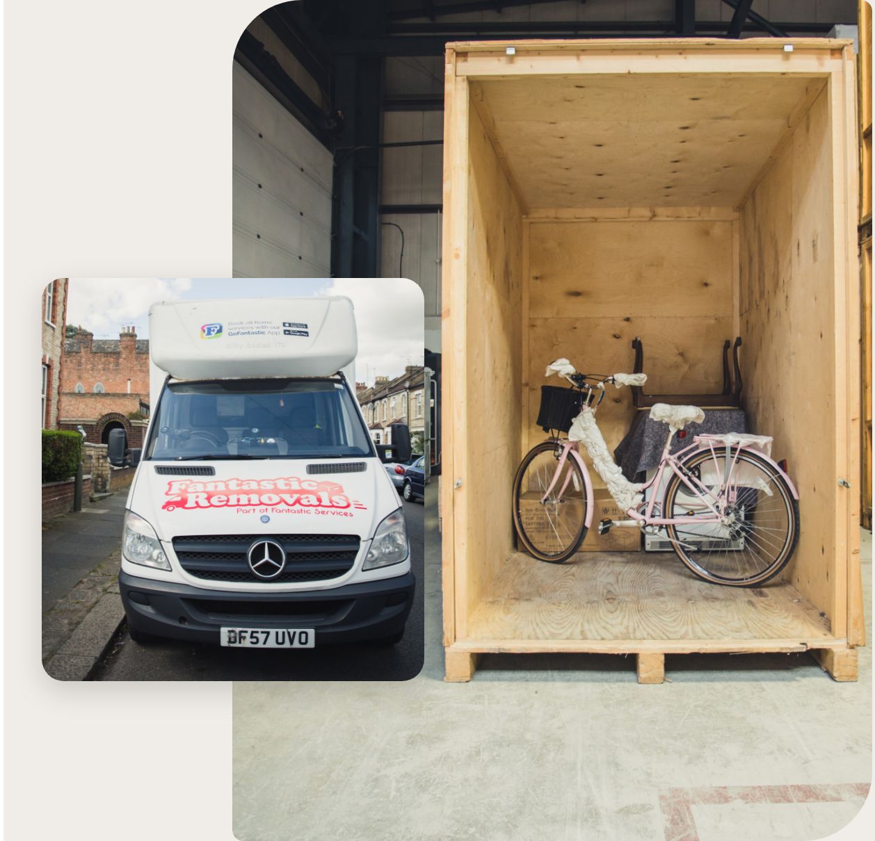 student storage-d Collage of two pictures showing a removal van on the left and an open wooden storage container with a pink bicycle inside on the right side.