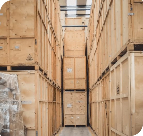 Storage warehouse with wooden storage containers in it