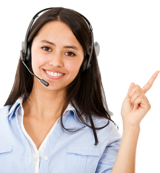 Picture of a friendly call centre agent wearing a blue shirt and headset.