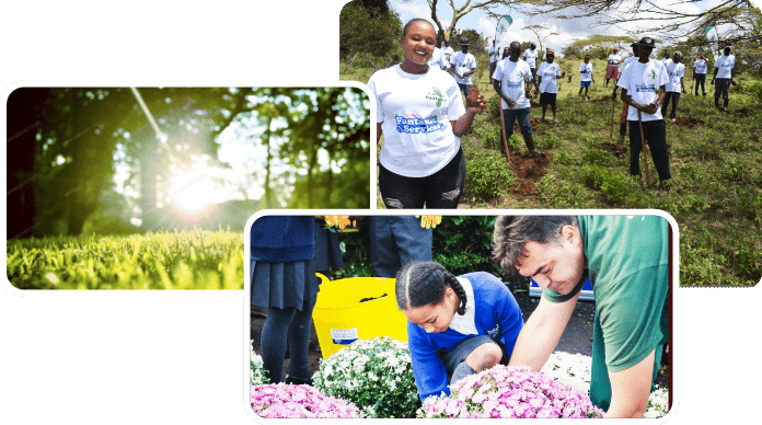 A collage of pictures showing community service activities, including gardening and tree planting.