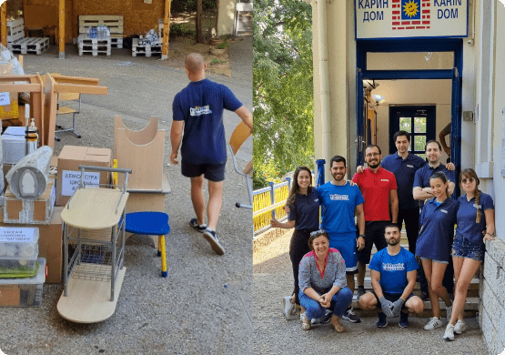 Collage of 2 images showing volunteers with furniture on the left and a group photo on the right.