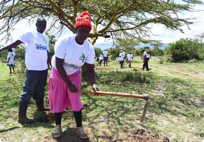 Group of people planting trees outdoors