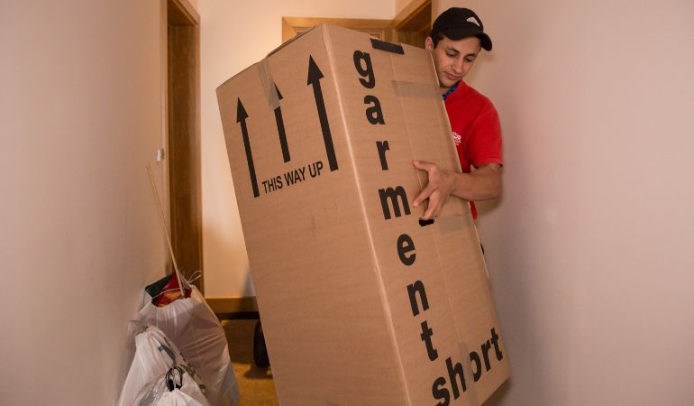 Professional removalist carrying a heavy box