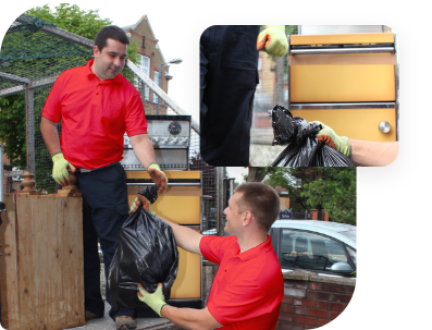 Two professionals in uniform loading waste into a waste removal van